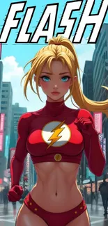 Cartoon superhero in red suit with a city background, inspired by Flash theme.