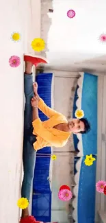 Person doing splits indoors in vibrant clothing