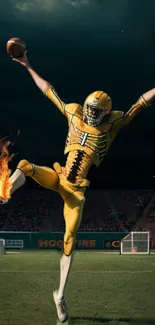 Fiery football player jumping high with flames on a sports field.