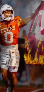 Football player in action with flag on fire.