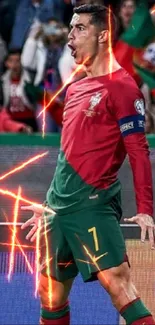 Football player celebrating on field in vibrant red and green jersey.