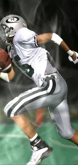 Football player in action on the field in a dynamic sports wallpaper.