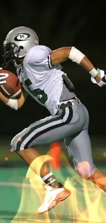 Football player in action on the field during a night game.