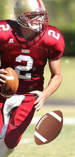 Football player in red jersey running with ball.