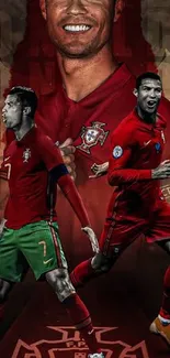 Football players in red and green kits on a dynamic wallpaper.