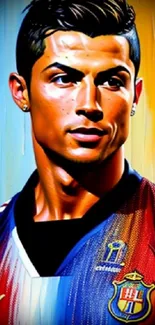 Dynamic art portrait of a football player with blue, red, and yellow hues.