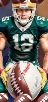 Vivid football art wallpaper with athlete holding football.