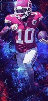 Vibrant football player wallpaper with cosmic red and blue background.