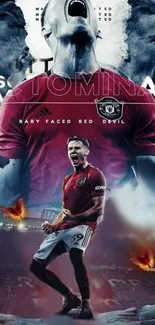 Footballer in red jersey passionately celebrating on dynamic wallpaper.