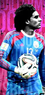 Dynamic football player on blue and pink background.