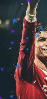 Football player celebrating with stars and a vibrant red jersey.