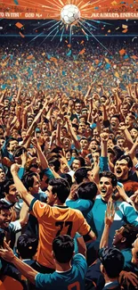 Vibrant football celebration scene with cheering crowd and ball in focus.