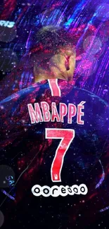 Dynamic football player in cosmic galaxy art wallpaper.