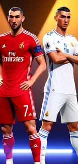 Two football players in red and white kits stand confidently in dramatic lighting.