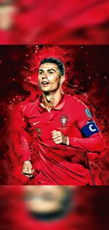 Football star in red jersey with vibrant background.