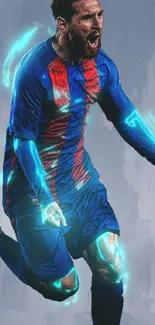 Electrifying football player with glowing effects in blue and red tones.