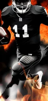 Football player running through fiery background with a dark jersey.