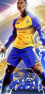 Illustration of a dynamic football player in a vibrant stadium setting.