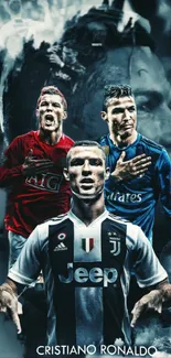 Dynamic collage of a legendary football player in three iconic jerseys.