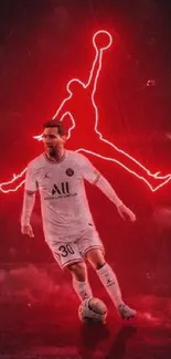 Footballer in action with red neon silhouette on a dynamic background.