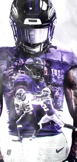 Football player artwork with vibrant purple tones.