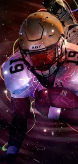 Energetic football player with glowing effects on dark background.