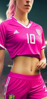 Vibrant female football player in pink jersey on a lively stadium field.