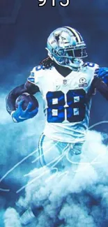 Football player in electric blue design with dynamic motion and cloud effects.