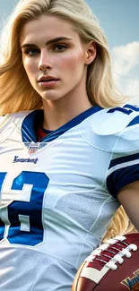 Blonde football player ready in stadium with ball.