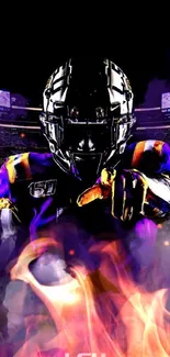 Dynamic football player in purple and gold on field.