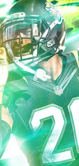 Energetic football player in green jersey celebrating on vibrant wallpaper.