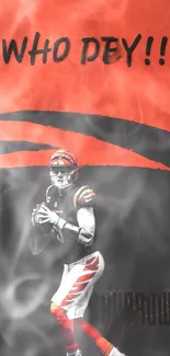 Dynamic football player in action with bold red and black design.