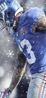 Football player in blue jersey with snowflakes falling.