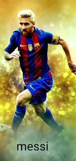 Football star in action on vibrant wallpaper.