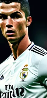 Mobile wallpaper of a footballer in a white jersey, captured dynamically.