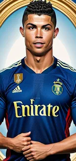 Football star in blue jersey with gold frame, dynamic mobile wallpaper.