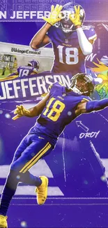 Dynamic football player action in vibrant purple tones.