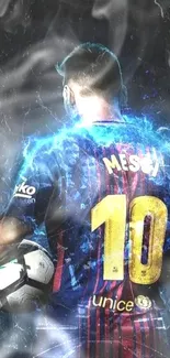 Football star with glowing energy in vivid wallpaper.