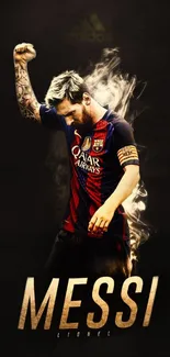 Dynamic wallpaper of a renowned football player with fiery aura and action pose.