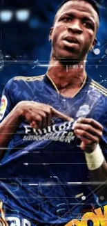 Dynamic wallpaper of a football star in action with a bold blue background.