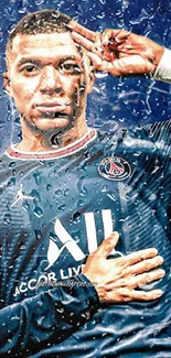 Dynamic football star in a dark blue jersey on vibrant background.