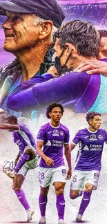 Football players and coach celebrating on vibrant wallpaper.