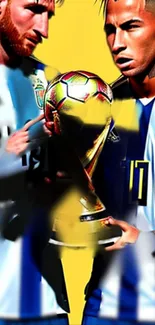 Two athletes holding football trophy, vibrant colors.