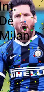 Football player celebrates in Inter Milan kit.