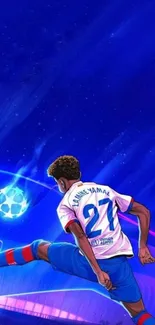 Animated football player kicking ball on vibrant blue background.