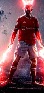 Illustrative warrior with electric aura and football attire, vibrant and dramatic.