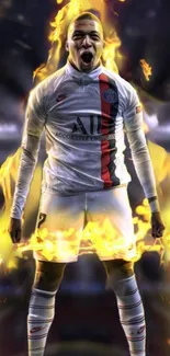 Football player engulfed in flames with dynamic pose on wallpaper.