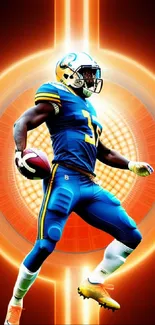 Neon art of a football player with an orange glow background.