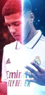 Vibrant footballer in Real Madrid jersey with dynamic red and blue lighting.