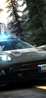 Mobile wallpaper of police car in forest chase scene.